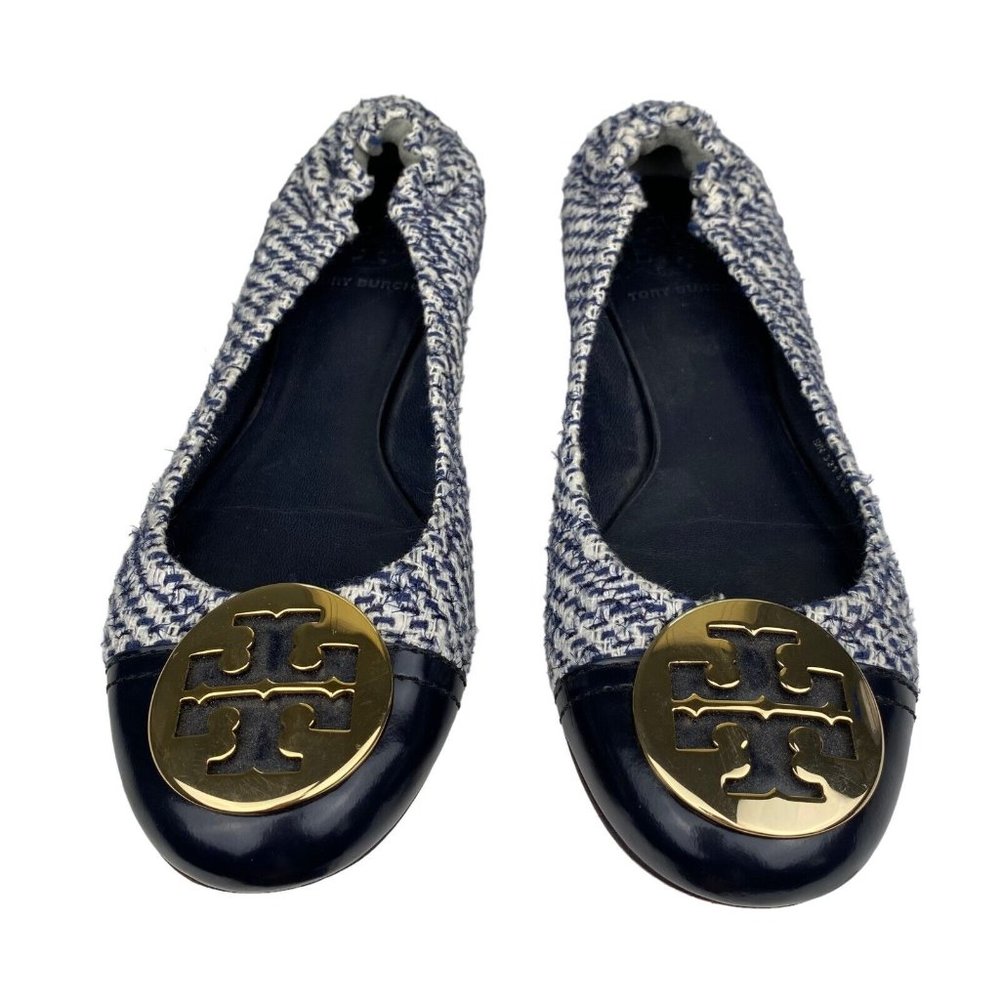 TORY BURCH Reva Navy Blue Tweed Gold Logo Medallion Cap Toe Ballet Flats
